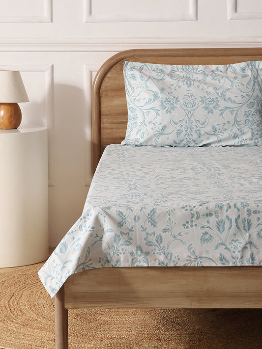 Westside Home Aqua Damask Printed Single Bed Flat sheet and Pillowcase Set