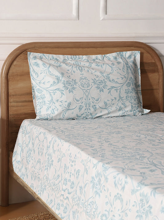 Westside Home Aqua Damask Printed Single Bed Flat sheet and Pillowcase Set