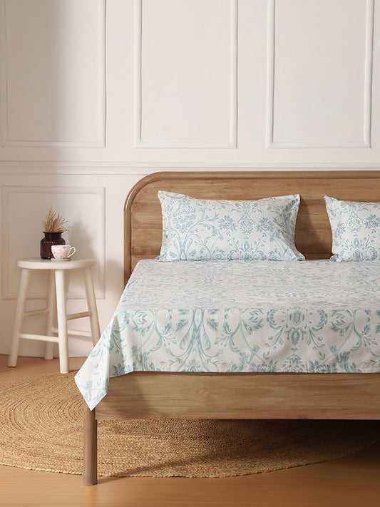 Westside Home Aqua Blue Floral Printed Double Bed Flat sheet and Pillowcase Set