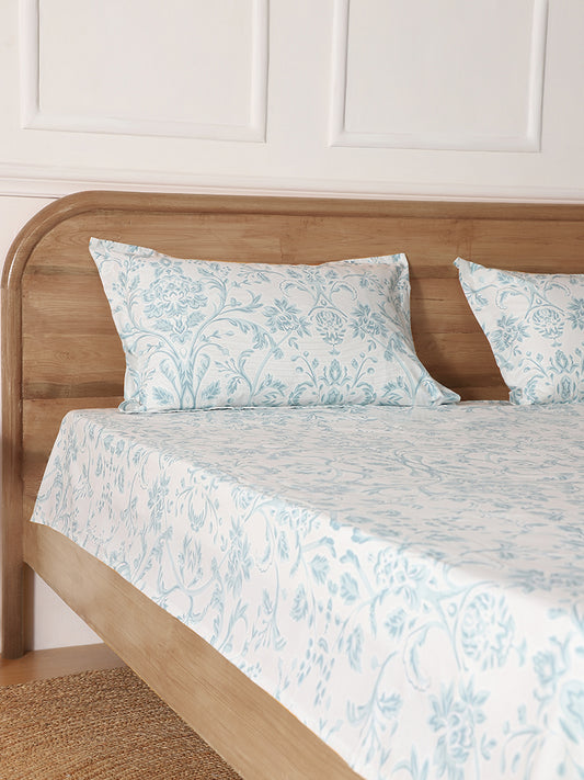 Westside Home Aqua Blue Floral Printed Double Bed Flat sheet and Pillowcase Set
