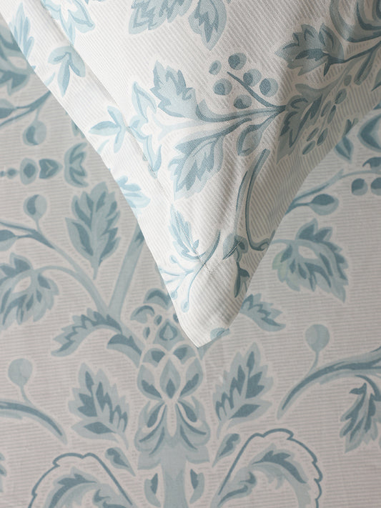 Westside Home Aqua Blue Floral Printed Double Bed Flat sheet and Pillowcase Set