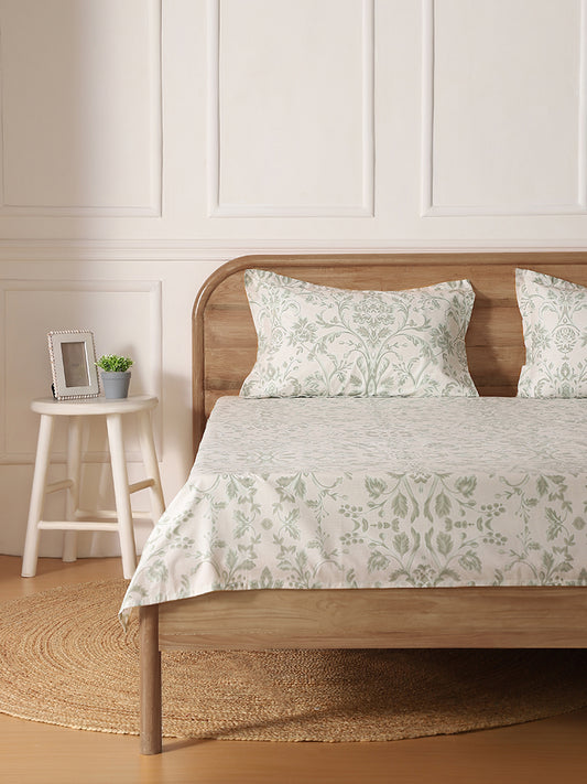 Westside Home Green Leaf Printed King Bed Flat sheet and Pillowcase Set