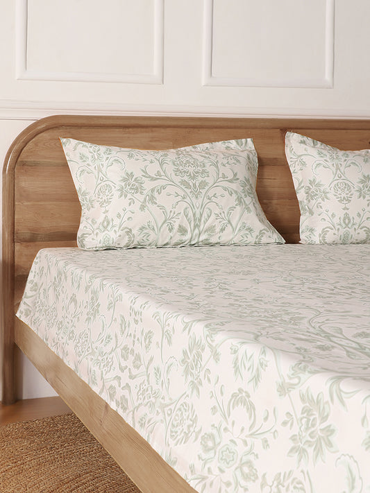 Westside Home Green Leaf Printed King Bed Flat sheet and Pillowcase Set