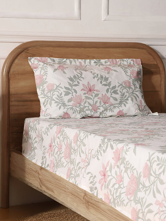 Westside Home Pink Floral Printed Single Bed Flat sheet and Pillowcase Set