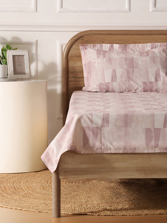Westside Home Pink Geometric Printed Single Bed Flat sheet and Pillowcase Set