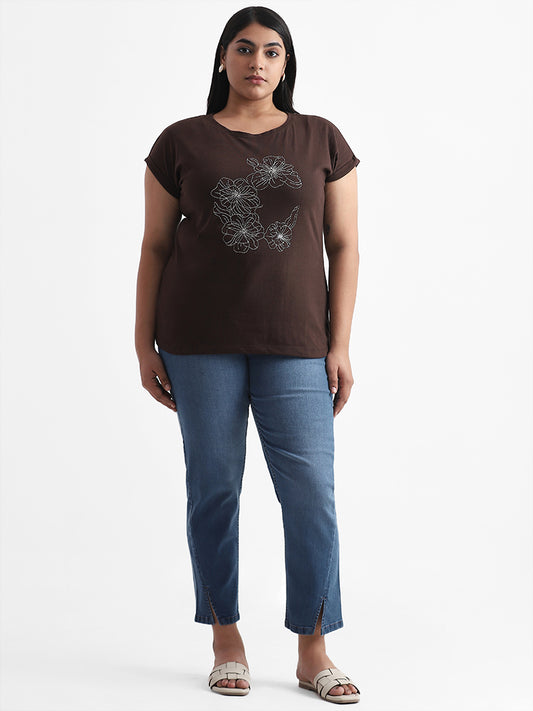 Gia Floral Embroidered Brown T-Shirt