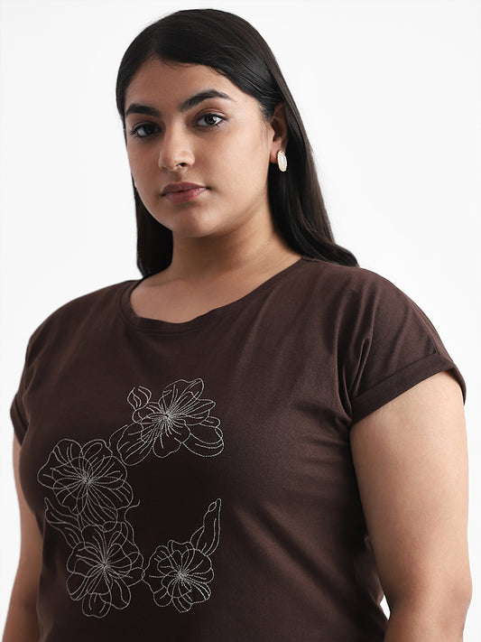 Gia Floral Embroidered Brown T-Shirt