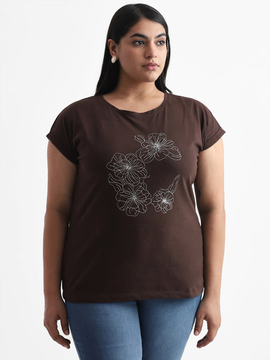 Gia Floral Embroidered Brown T-Shirt