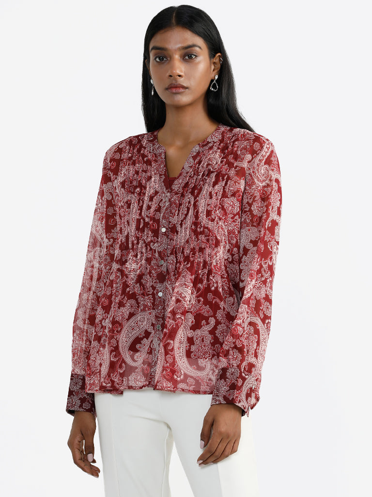 Wardrobe Floral Printed Burgundy Top with Camisole