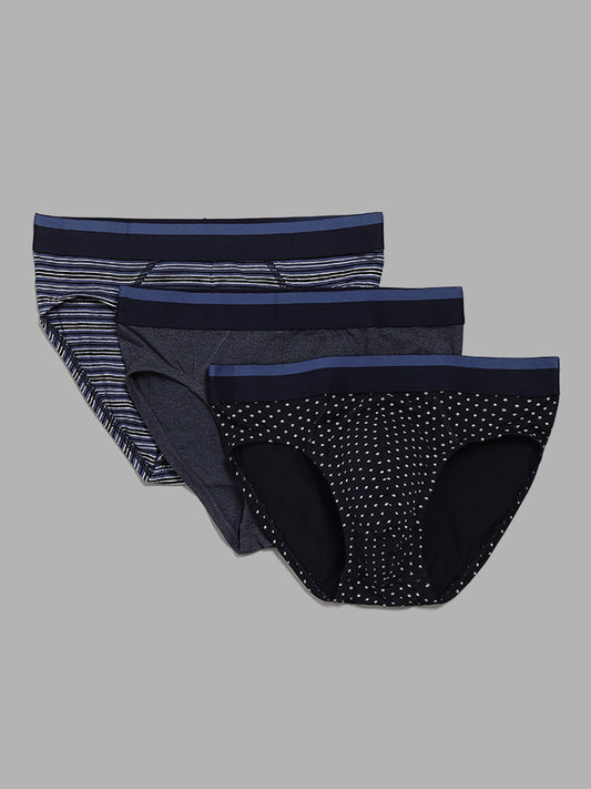 WES Lounge Navy Blue Relaxed-Fit Briefs - Pack of 3