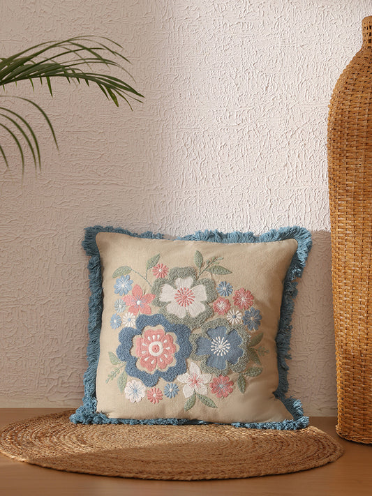 Westside Home Aqua Bold Floral Embroidered Cushion Cover