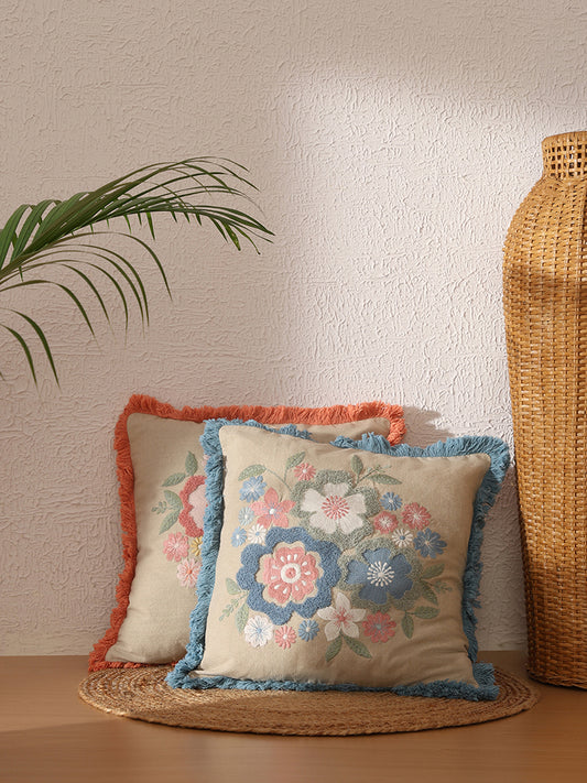 Westside Home Aqua Bold Floral Embroidered Cushion Cover