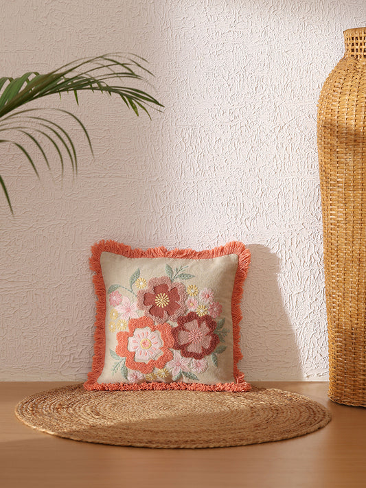 Westside Home Peach Bold Floral Embroidered Cushion Cover