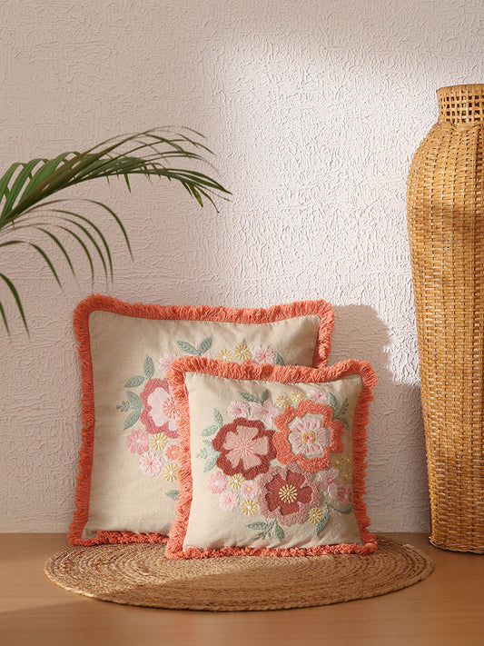 Westside Home Peach Bold Floral Embroidered Cushion Cover
