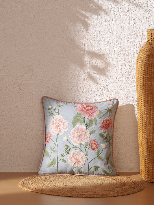 Westside Home Aqua Blue Floral Embroidered Cushion Cover