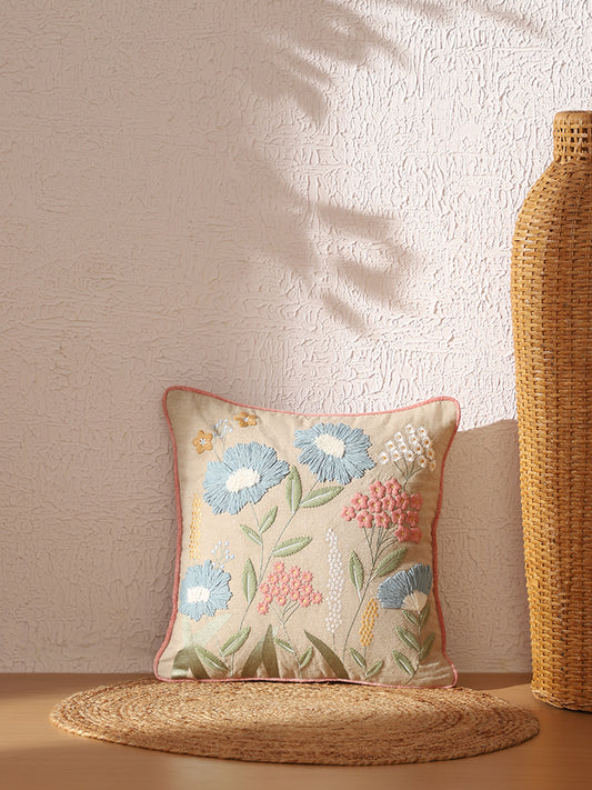 Westside Home Beige Floral Embroidered Cushion Cover