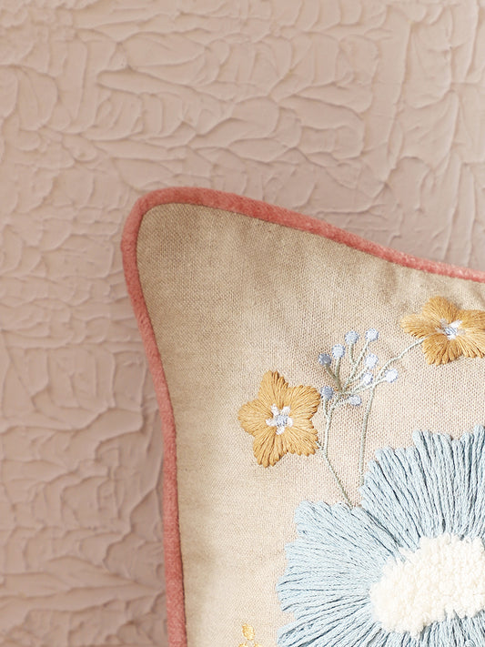Westside Home Beige Floral Embroidered Cushion Cover