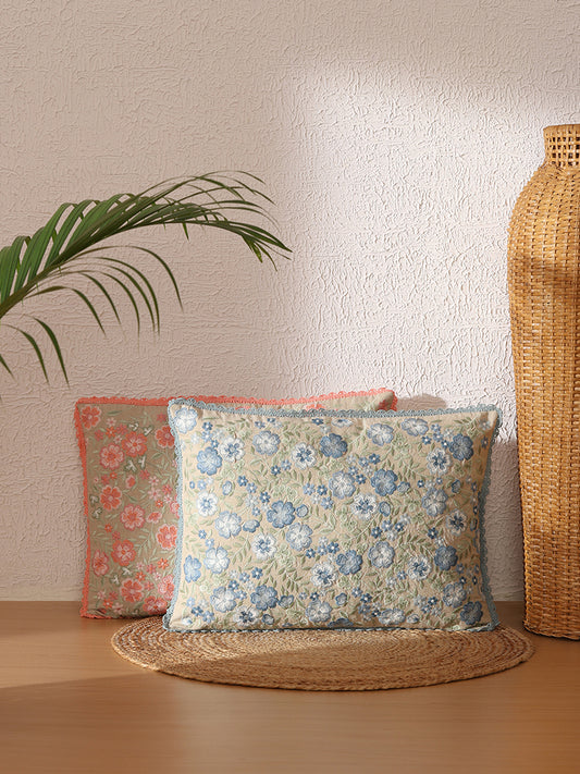 Westside Home Aqua Foliage Embroidered Cushion Cover