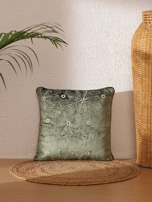 Westside Home Emerald Green Floral Embroidered Cushion Cover
