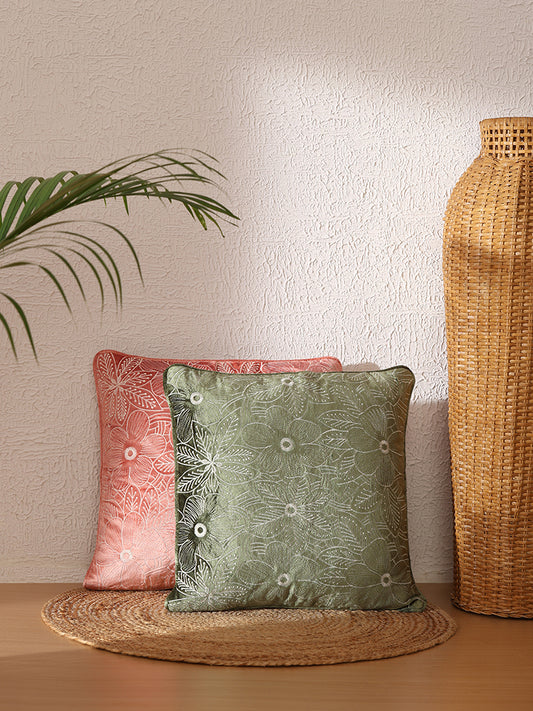 Westside Home Emerald Green Floral Embroidered Cushion Cover