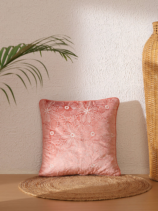 Westside Home Peach Floral Embroidered Cushion Cover