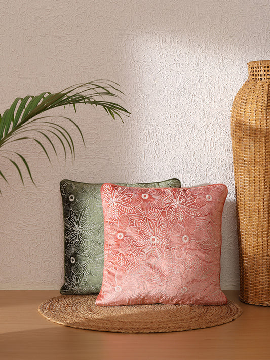 Westside Home Peach Floral Embroidered Cushion Cover