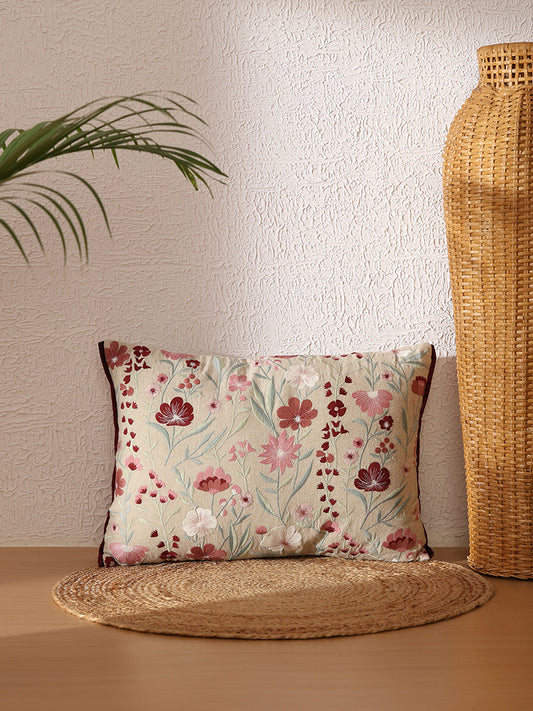 Westside Home Beige Blushed Floral Embroidered Cushion Cover