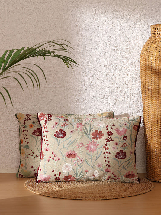 Westside Home Beige Blushed Floral Embroidered Cushion Cover