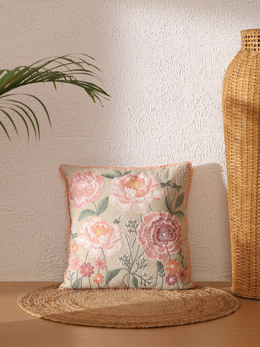 Westside Home Beige Rose Embroidered Cushion Cover