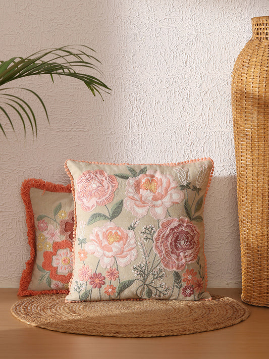 Westside Home Beige Rose Embroidered Cushion Cover