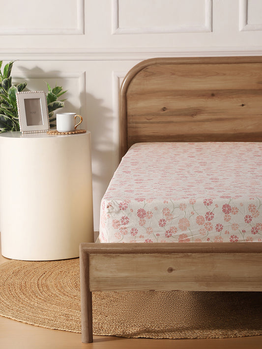 Westside Home Pink Stippled Floral Printed Single Fitted Sheet