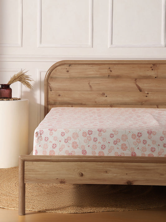 Westside Home Pink Stippled Floral Printed Double Bed Fitted Sheet