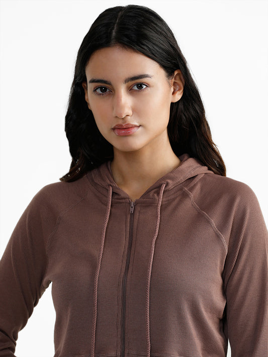 Superstar Light Brown Ribbed Raglan Hoodie Crop Jacket