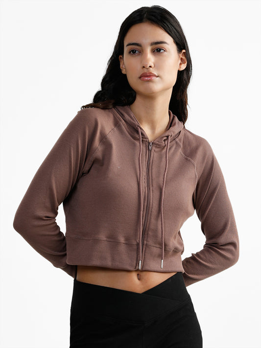 Superstar Light Brown Ribbed Raglan Hoodie Crop Jacket