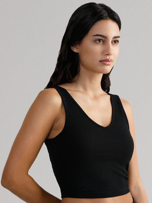 Superstar Black Deep V Neck Ribbed Crop Camisole