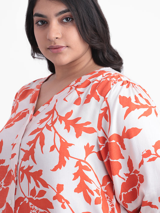 Gia White and Orange Printed Floral Relaxed Fit Blouse