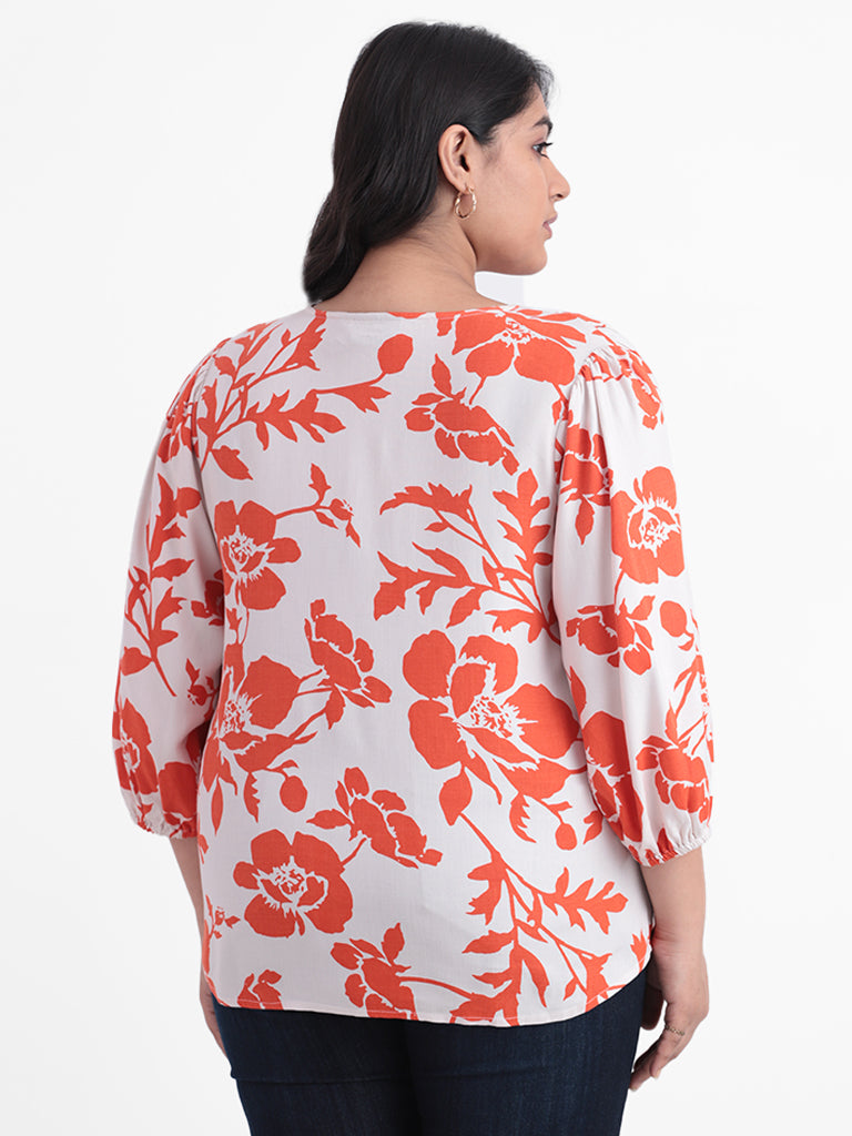 Gia White and Orange Printed Floral Relaxed Fit Blouse