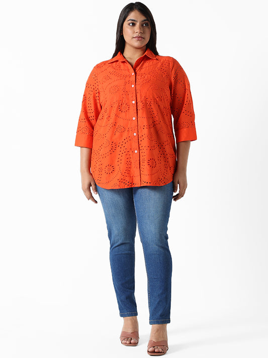 Gia Orange Embroidered Relaxed Fit Blouse Shirt