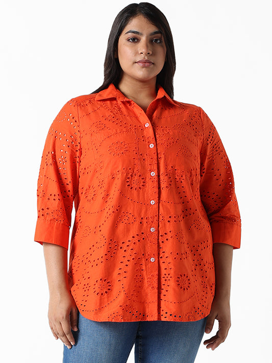 Gia Orange Embroidered Relaxed Fit Blouse Shirt