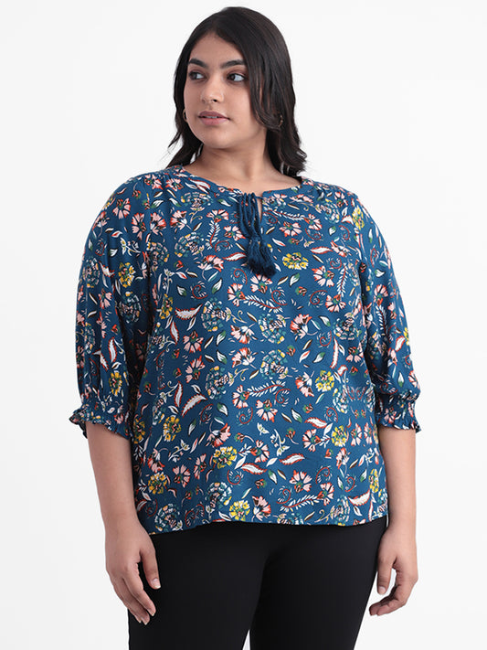 Gia Teal Printed Floral Relaxed Fit Rhyme Blouse
