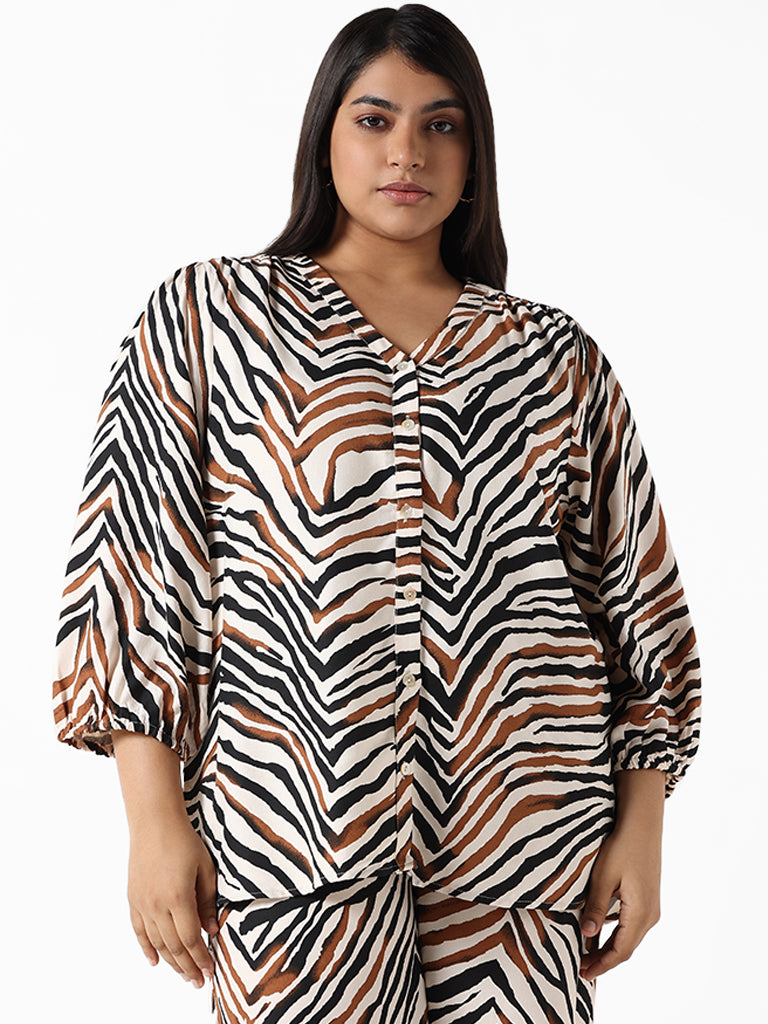 Gia White Multi-Colored Printed Relaxed Fit Blouse Shirt
