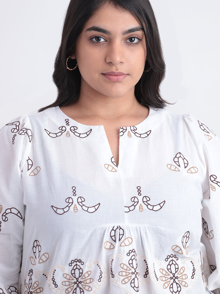 Gia White Embroidered Relaxed Fit Blouse