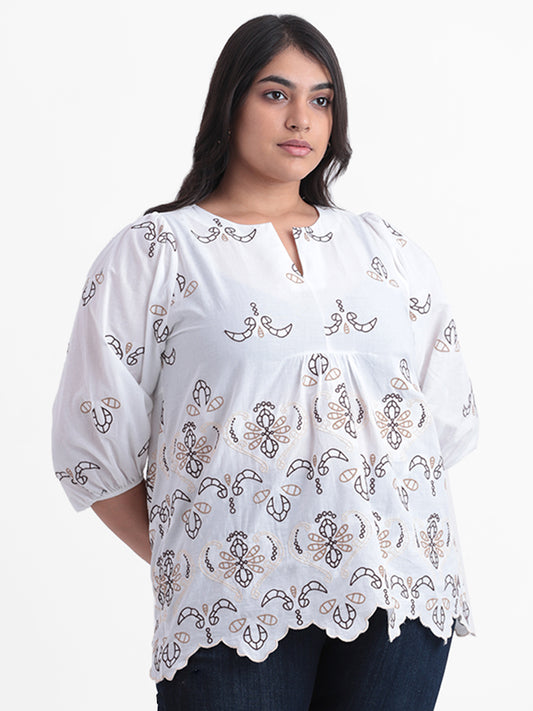 Gia White Embroidered Relaxed Fit Blouse