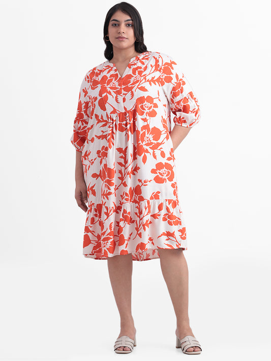 Gia White and Orange Printed Floral Relaxed Fit Figaro Dress
