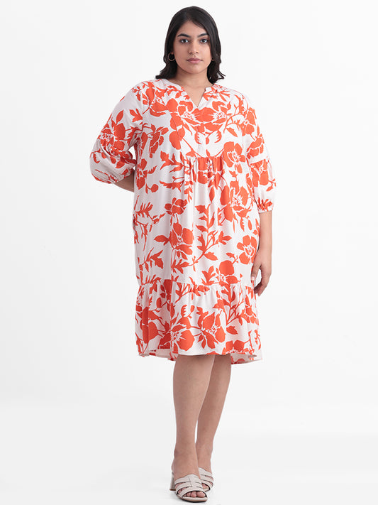 Gia White and Orange Printed Floral Relaxed Fit Figaro Dress