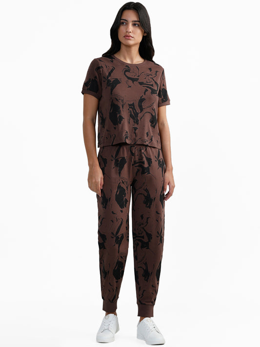 Studiofit Dark Brown Abstract Printed Joggers