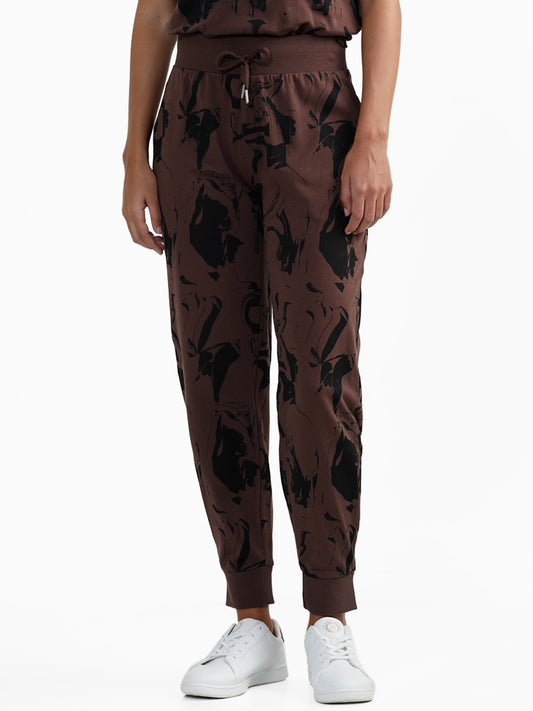 Studiofit Dark Brown Abstract Printed Joggers