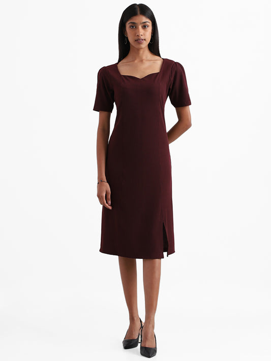Wardrobe Plain Burgundy Cotton Blend Princess-Cut Dress