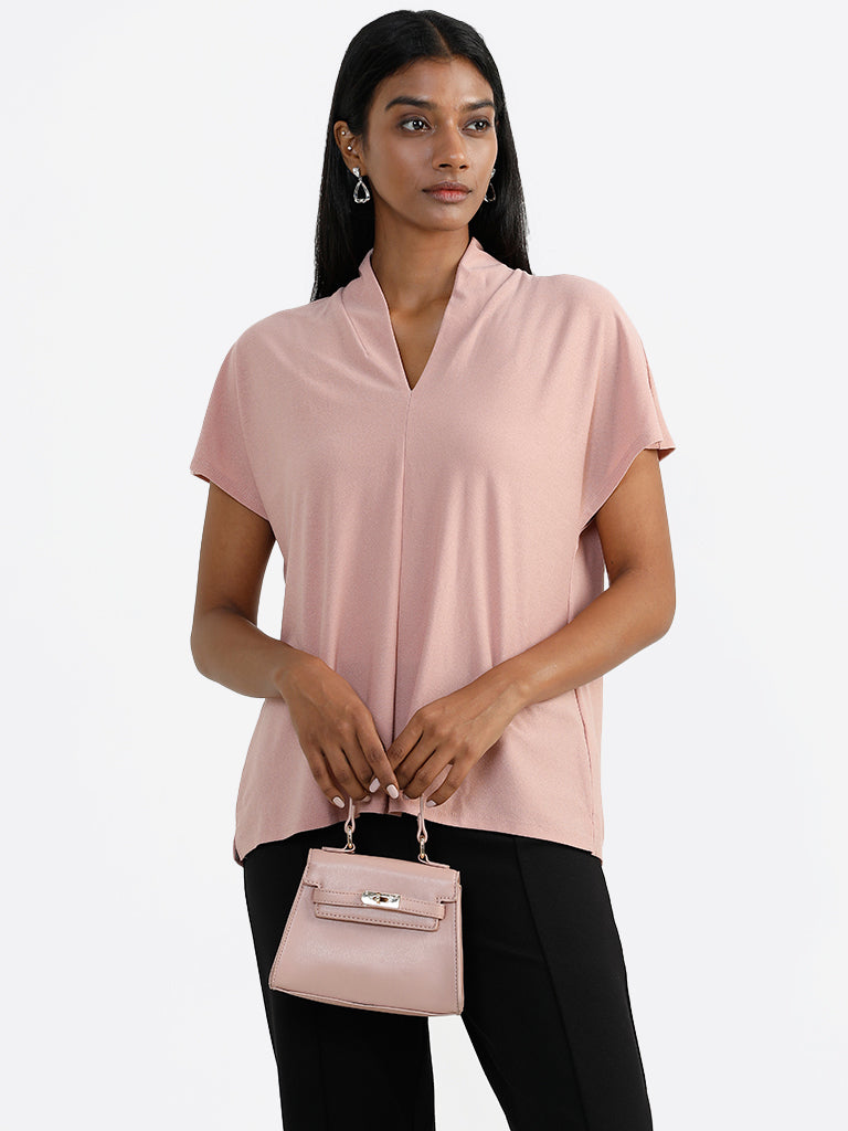 Wardrobe Plain Dusty Pink V Neck Top