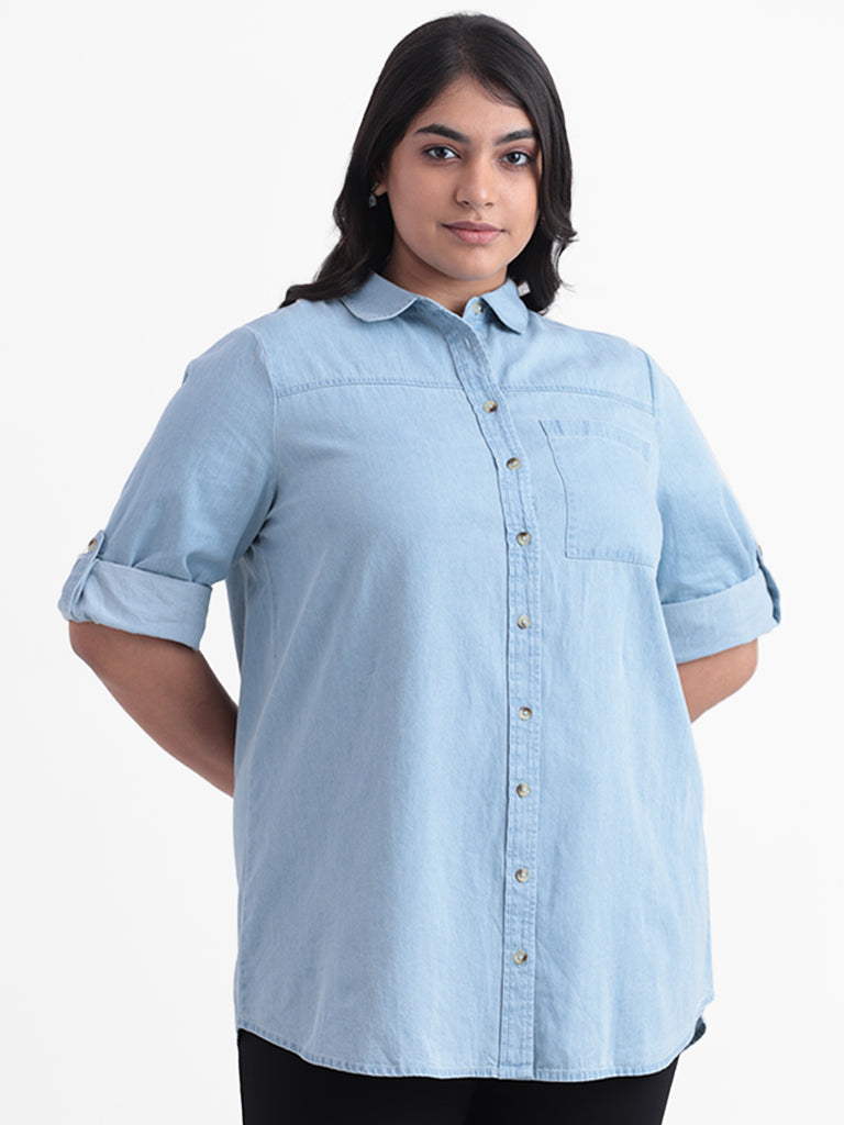 Gia Blue Relaxed Fit Denim Blouse Shirt
